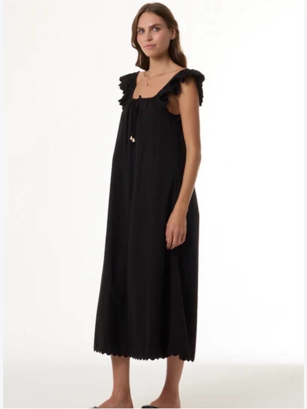 Ann Taylor Black Ruffle-Shoulder Midi Dress